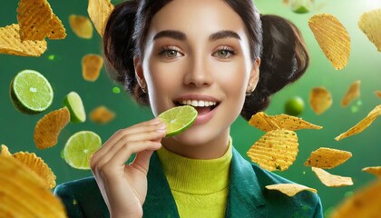 A Young Happy Woman Wearing Green And Eating Lime Flavour  Chips