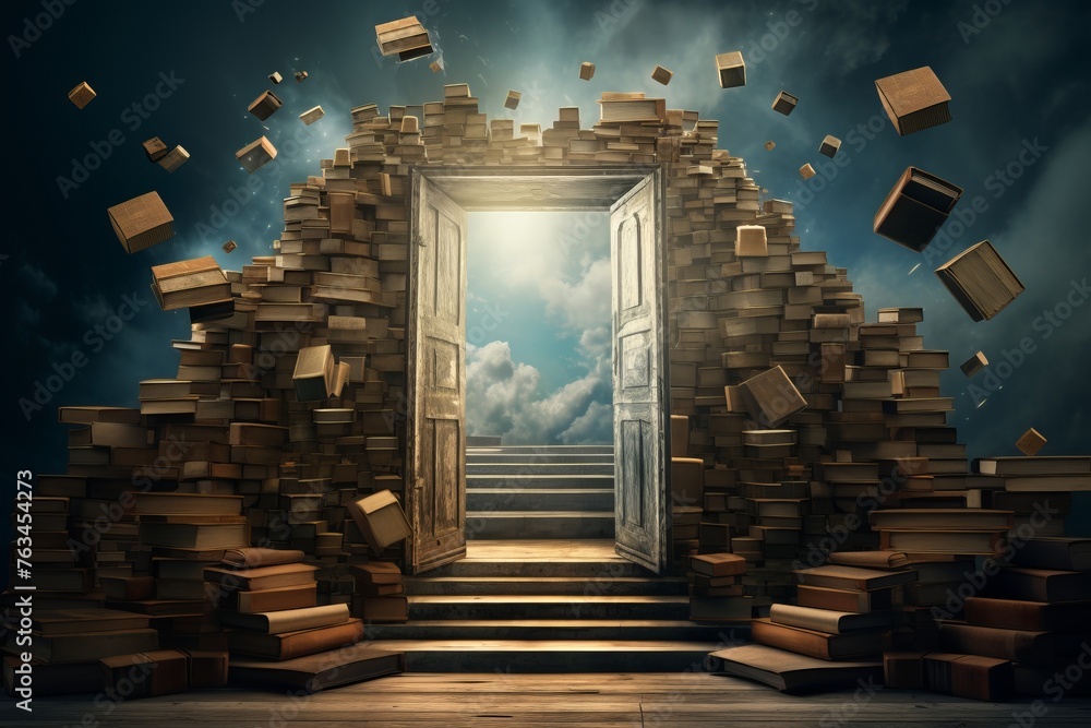 Poster stack of books forming a path leading to an open door, symbolizing the journey of exploration