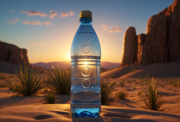 A bottle of water on the sand in the middle of the desert against the backdrop of dunes at sunset.
