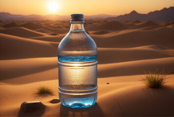 A bottle of water on the sand in the middle of the desert against the backdrop of dunes at sunset.