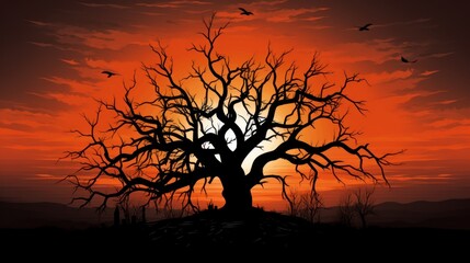 Spooky silhouette of a haunted tree against a dramatic orange sky, creating an ominous Halloween atmosphere