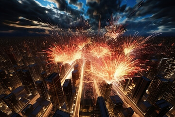 Generative ai on theme festive brightly fireworks on twilight background high in dark sky