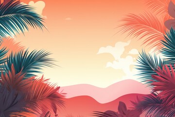 Fototapeta na wymiar Tropical and paradise-like social media background with palm leaves and sunset hues