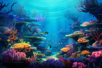 Underwater scene with diverse marine life and vibrant corals