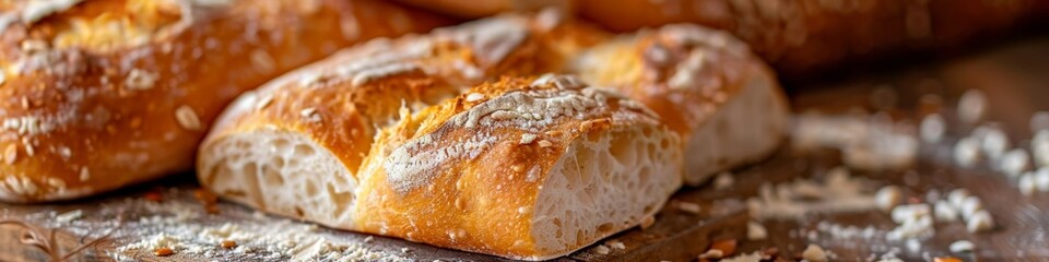 Golden ciabatta bread loaves with a light dusting of flour and scattered grains on a wooden backdrop, highlighted by soft backlighting - obrazy, fototapety, plakaty