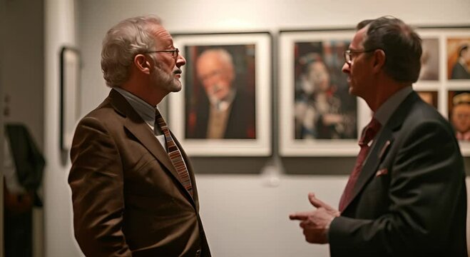 Artistic Dialogue Two Men in Sharp Suits Discuss Captivating Photography Display of Various Artists' Portraits, Blending Elegance with Creative Analysis
