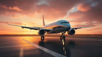 Fototapeta na wymiar Commercial airliner taking off at sunset or dawn with landing gear down on blurred background
