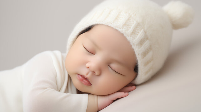 Cute asian baby sleeping on the bed in a white hat
