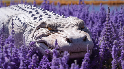 Crocodilo albino em um campo de lavanda - Papel de parede - obrazy, fototapety, plakaty