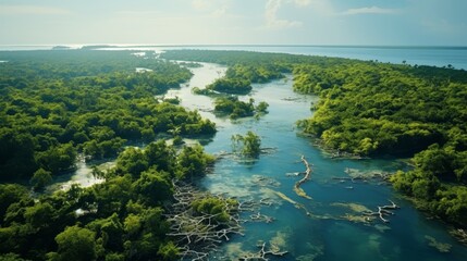 Aerial top view of lush mangrove forest, drone captures co2 sequestering greenery