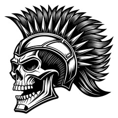 Punk Skull with Mohawk Helmet Illustration. A skull wearing a Spartan helmet. High level of detail. Vector  illustration
