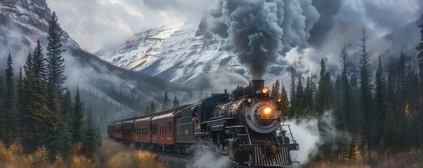 Foto op Canvas black steam locomotive pulling a chain of vintage carriages through a stunning autumnal mountain landscape with vibrant trees and a snowy peak © Daniela