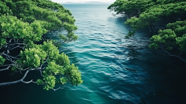 Aerial drone view of lush mangrove forest capturing co2 emissions and promoting carbon sequestration - Powered by Adobe
