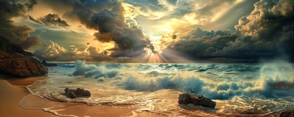 waves crashing on rocky shores under a dramatic sunset sky with penetrating sun rays and dynamic...