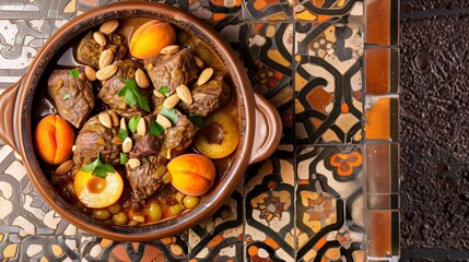 Featuring Copy Space for Text, Overhead Perspective of a Traditional Moroccan Tagine, Served in a Decorative Clay Pot on a Patterned Tile Table.