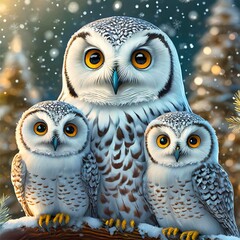 Mother Snowy Owl and her Owlets, Mother Animals are Fun, Animals are Fun series by Zen Curio Shop