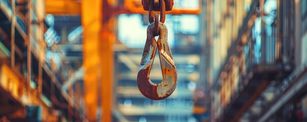 industrial crane hook with blurry factory background, symbolizing construction and manufacturing