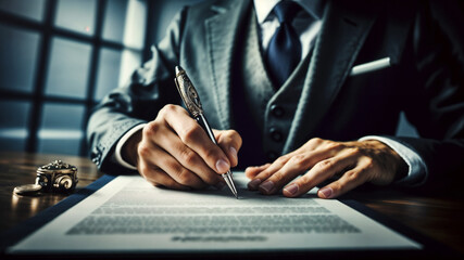 Businessman hands holding a pen over an important document, ready to be signed.
