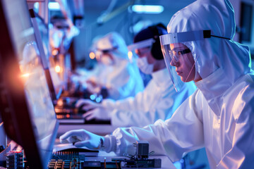 A team of scientists and technicians work together on semiconductor and microchip technology in a modern industrial facility wearing goggles and face mask.