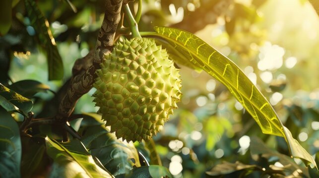 Soursop is a fruit native to South America. It has a thick green peel. Yellow flesh on the tree 