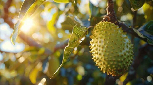Soursop is a fruit native to South America. It has a thick green peel. Yellow flesh on the tree 