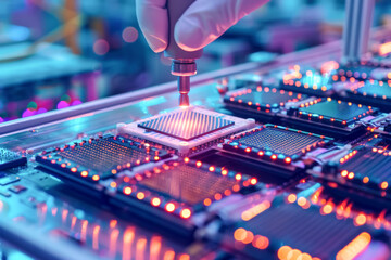 A close-up macro photograph of etching a semiconductor chip on a metal composite table in a microchip manufacturing facility. High technology silicon process. - obrazy, fototapety, plakaty
