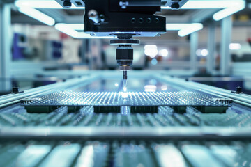 A close-up macro photograph of etching a semiconductor chip on a metal composite table in a microchip manufacturing facility. High technology silicon process.