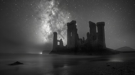 Ancient Castle Ruins Under the Starlit Sky by the Sea. - obrazy, fototapety, plakaty