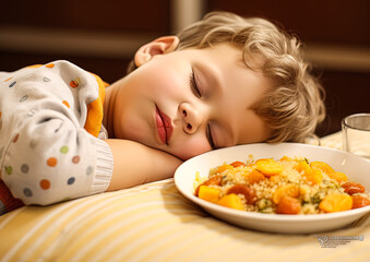 Obraz na płótnie Canvas A young child is sleeping on a bed with a plate of food next to him. The plate contains a variety of food items, including carrots and oranges. Concept of innocence and simplicity