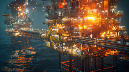 In a dramatic night scene, an offshore oil platform is alight with emergency response activities, emphasizing the importance of safety measures