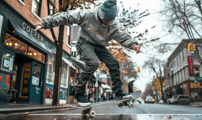 Dynamic shot of a skateboarder mid-trick with vibrant advertising billboards in a lively urban...