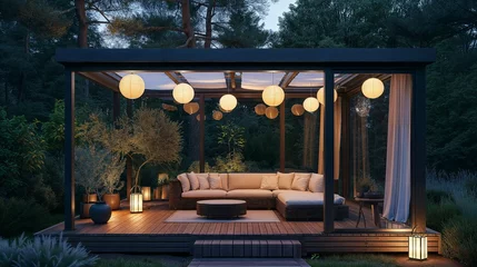 Tapeten Serene dusk ambience in a modern outdoor patio with paper lanterns and luxe corner sofa © PhotoPhantom