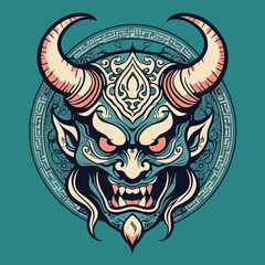 Intricate demon mask design featuring bold horns and vibrant colors on a turquoise background.