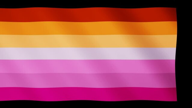 3d Lesbian LGBT community Pride waving flag. Rainbow Homosexuality sunset wlw sign isolated black footage background. Gay rights. Seamless loop animation 30fps 4k