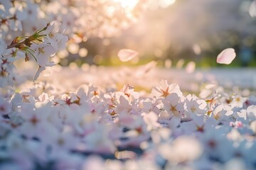 Blossoming cherry trees and their delicate petals scattered on the ground