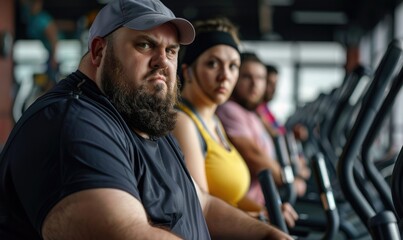 Group of fat or oversize people working out on treadmills at a gym, focused on fitness and leading a healthy lifestyle