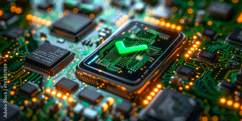 Aufkleber smartphone on a circuit board displaying a green checkmark, representing a successful system update 