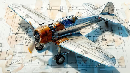 Vintage aircraft on engineering blueprints, merging historical aviation with technical design, illustrating aeronautical engineering and aircraft construction