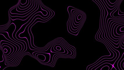  3d Abstract outline topographic contour landscape map. Moving neon purple laser waves on a black background. Sci-fi futuristic retro disco template.