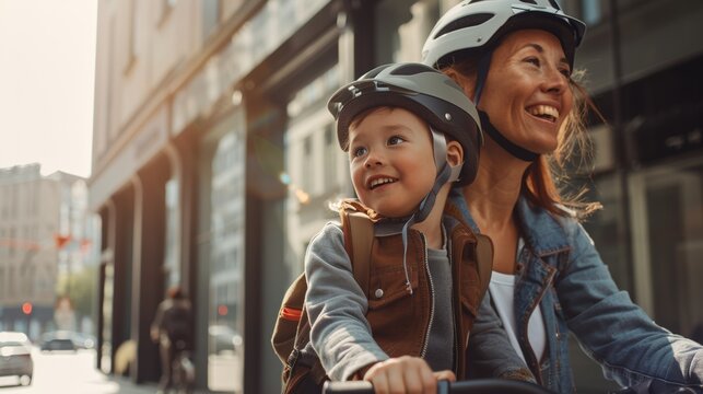 Mother and son enjoying bike ride in city, wearing helmets, happy moment, urban lifestyle, bonding, active family time.