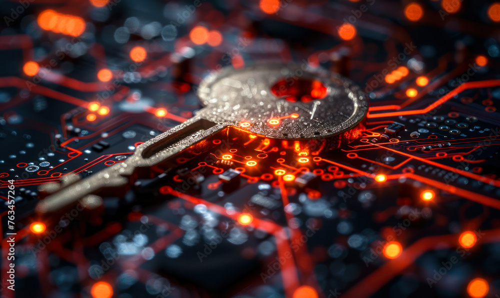 Poster Glowing key symbol on a circuit board pattern illustrating data encryption, cybersecurity, and digital privacy with binary code and security concept