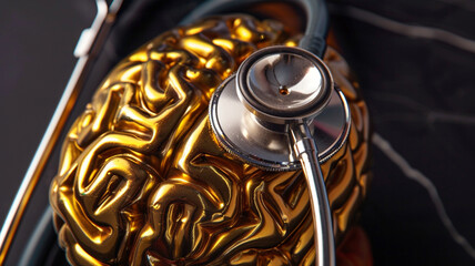 Close-up of a stethoscope draped over a golden brain, highlighting the fusion of technology and...