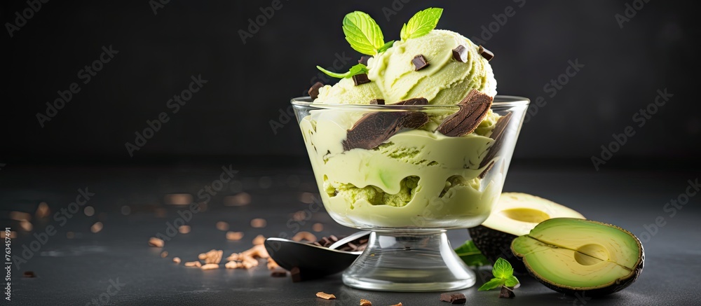 Wall mural Glass bowl of ice cream with avocado and chocolate chips