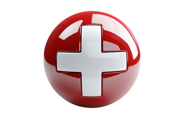 Obraz premium A red icon with a prominent white cross against a transparent background.The shape of the sphere and the light effects draw attention to a specific function, health or emergency service.AI generated.