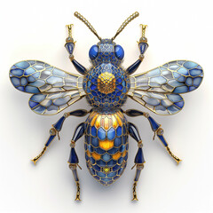 A delicate porcelain bumble bee. Cobalt blue, gold and encrusted with gemstones. In the style of a museum exhibit. Reminiscent of the French royal court of the 1700's.