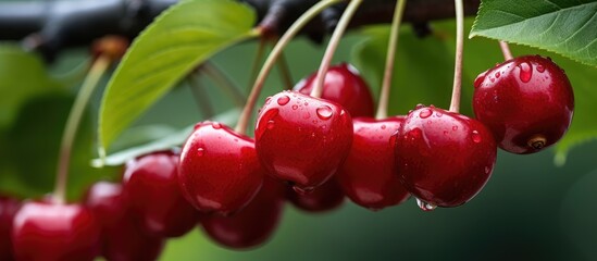 Many ripe cherries on a tree with water droplets