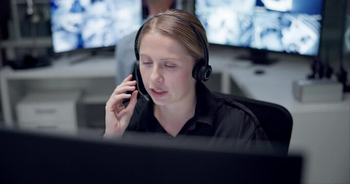 Emergency, call center and woman for consulting service, first responder and customer support. Telecommunication, surveillance office and person with computer for security, helpline and contact
