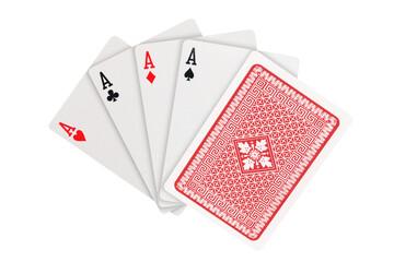 Four aces in five card poker hand playing cards with back design on transparent background