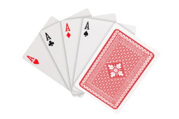 Four aces in five card poker hand playing cards with back design on transparent background