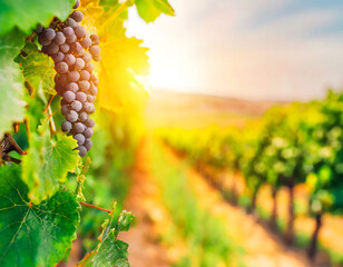 Vibrant vineyard with ripe grapes, illuminated by the golden hue of the setting sun, showcasing the natural beauty and potential bounty of the harvest. - obrazy, fototapety, plakaty